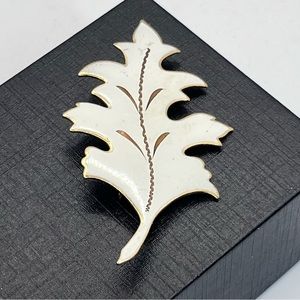 VTG White Enamel Golden Leaf Nature Brooch Pin 2.5"